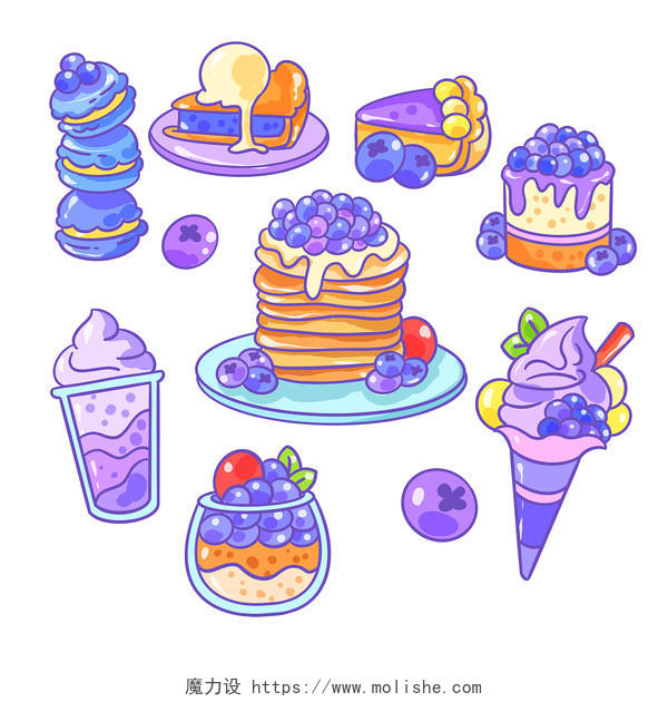 卡通蓝莓食物甜品水果套图插画素材png